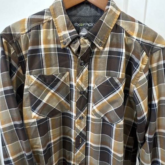 ExOfficio Button Up Men's Medium Brown Yellow Fall Plaid Dress Shirt - Picture 2 of 7